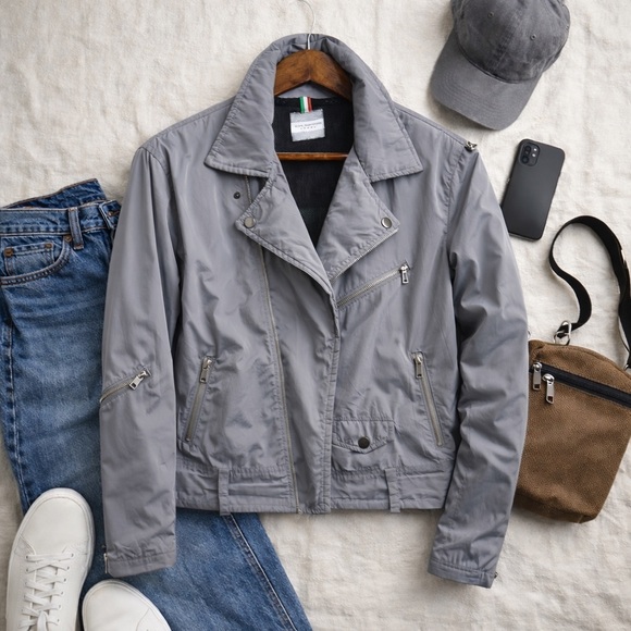 Karl Mommoo Italy Nylon Moto Jacket Gray Lightweight Biker Unisex Size  XL - Picture 3 of 16